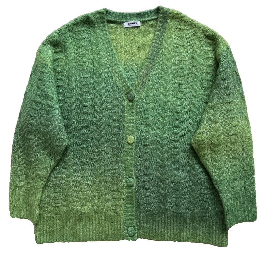 Daydreamer Ombre Cardigan in Green Jade Sz L Cable Knit Fuzzy Wool Blend Grunge - Picture 3 of 15